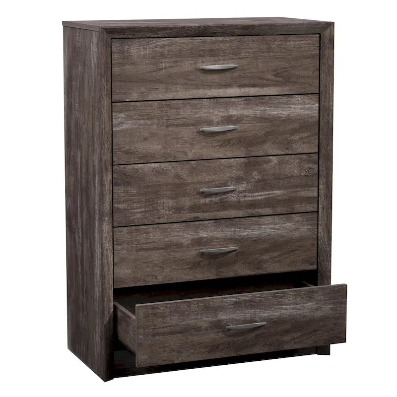 Mid-Century Five-Drawer Tall Dresser with Woodgrain Finish