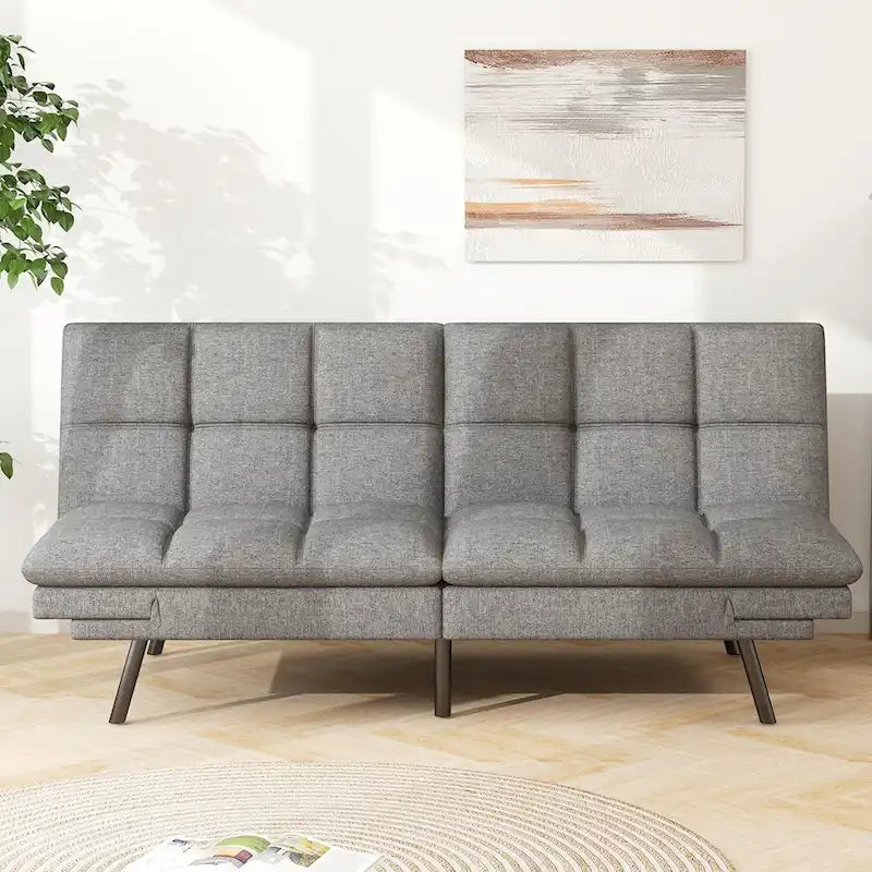 Sofá cama futón de piel sintética gris con espuma viscoelástica, reposabrazos ajustables
