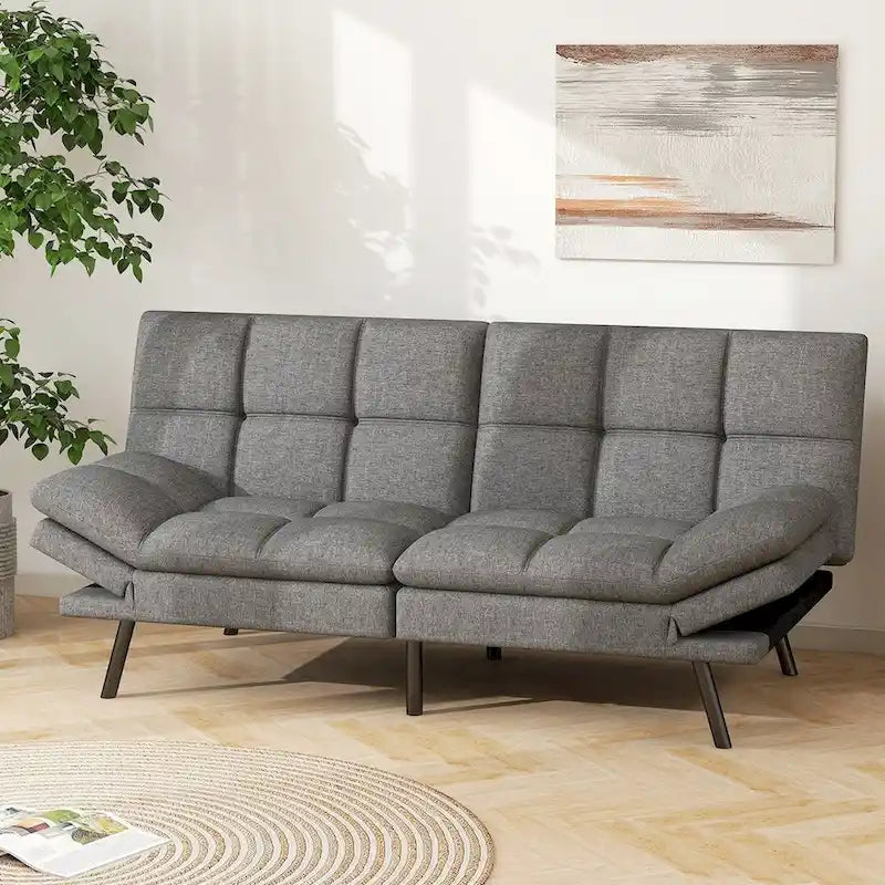 Graues Schlafsofa aus Kunstleder mit Memoryschaum-Matratze und verstellbaren Armlehnen