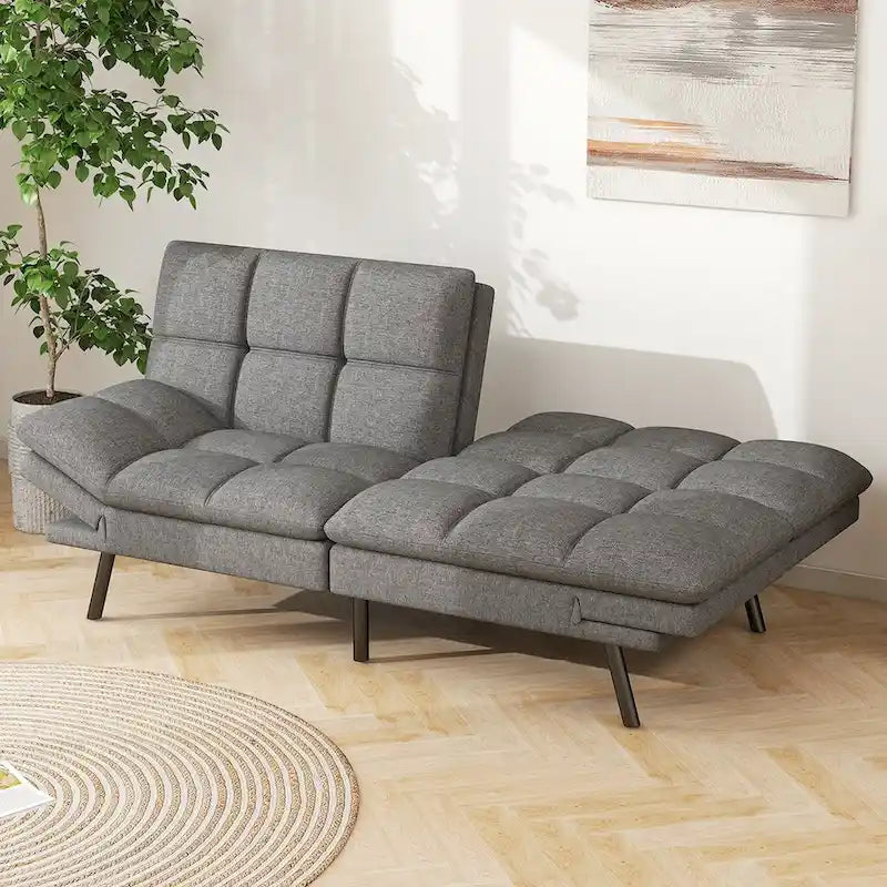 Graues Schlafsofa aus Kunstleder mit Memoryschaum-Matratze und verstellbaren Armlehnen