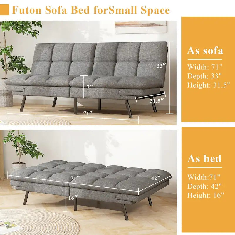 Sofá cama futón de piel sintética gris con espuma viscoelástica, reposabrazos ajustables