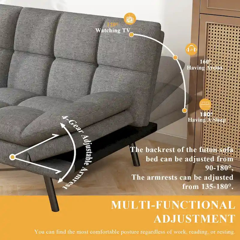 Graues Schlafsofa aus Kunstleder mit Memoryschaum-Matratze und verstellbaren Armlehnen