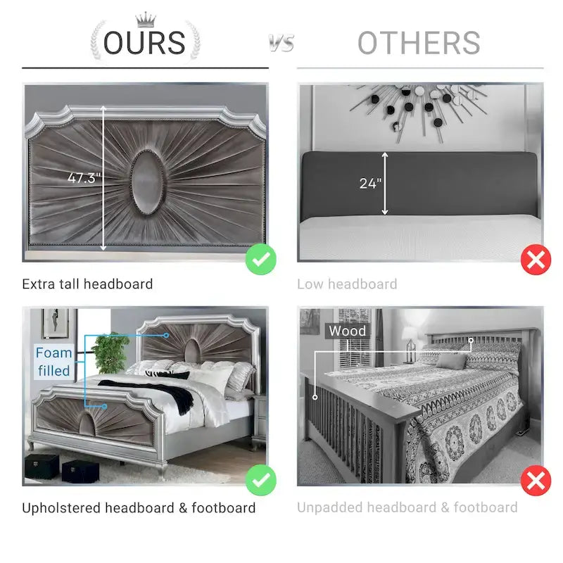 Cama con paneles de madera plateada, tapizado gris y detalles de tachuelas