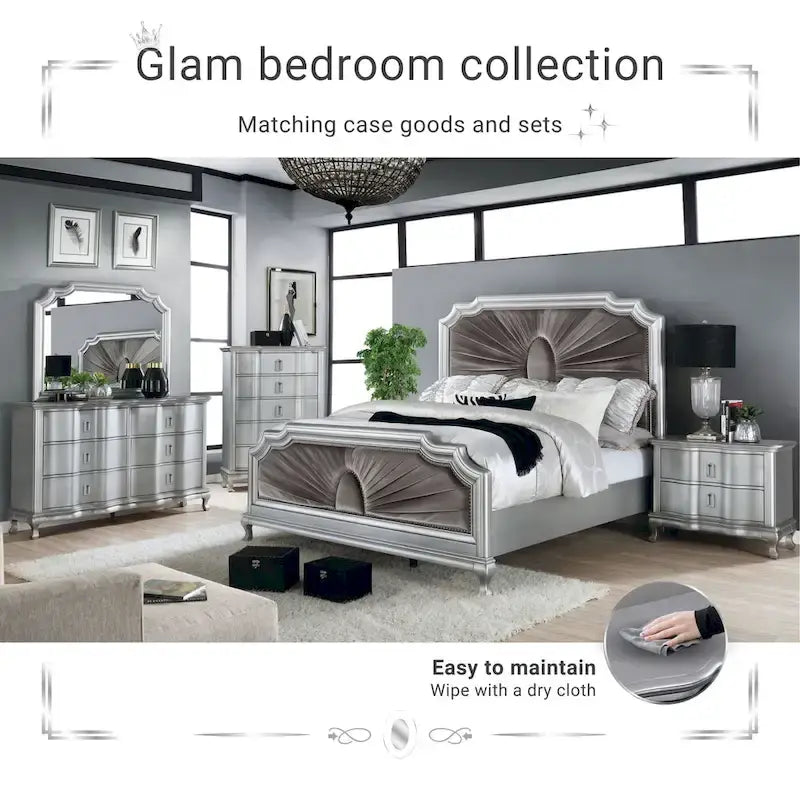 Lit à panneaux en bois argenté avec revêtement gris et garniture cloutée