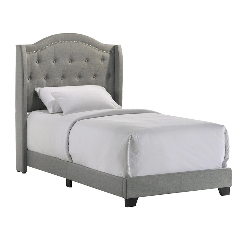 Cama tapizada individual con cabecero capitoné, gris humo