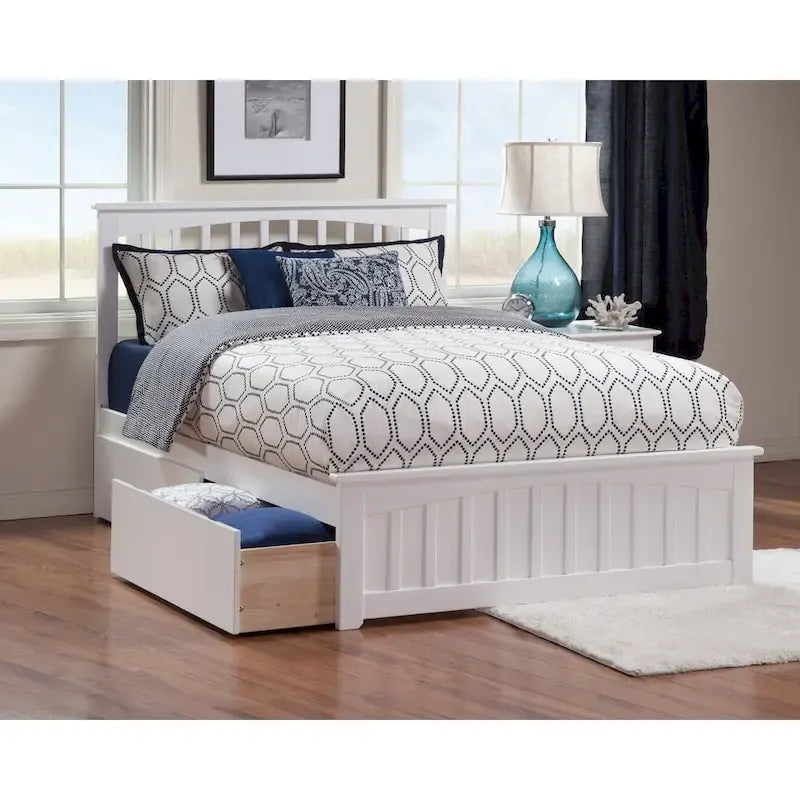 Mission Queen Platform Bed with Matching Foot Board with 2 Urban Bed Drawers in White