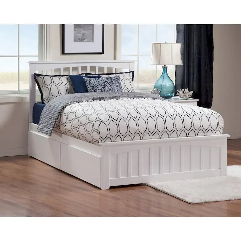 Cama plataforma de madera blanca tamaño queen con 2 cajones de almacenamiento y carga USB