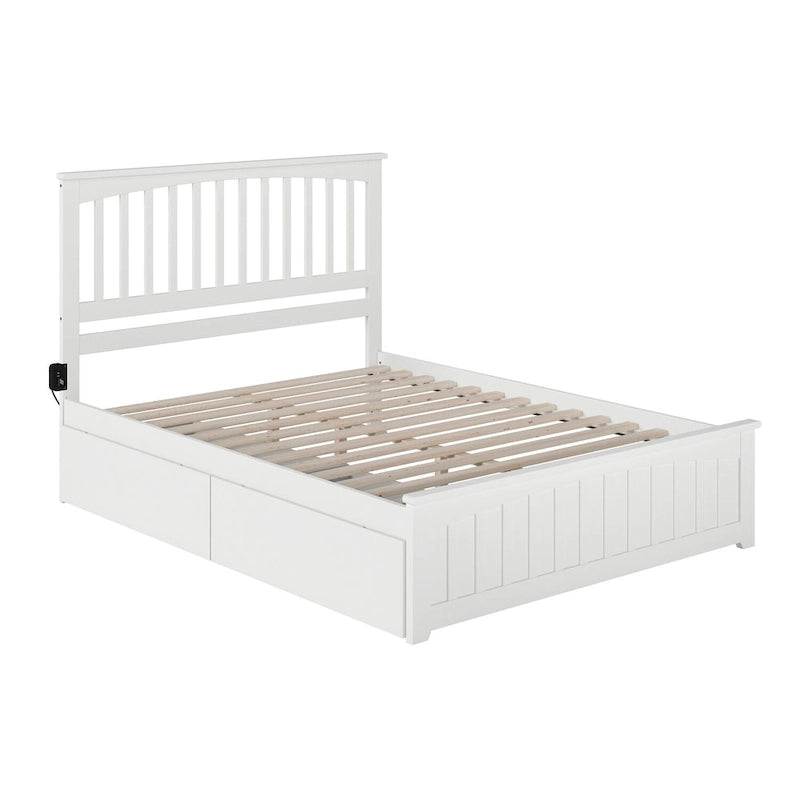 Cama plataforma de madera blanca tamaño queen con 2 cajones de almacenamiento y carga USB
