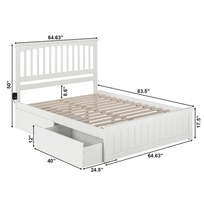 Weißes Queensize-Plattformbett aus Holz mit 2 Stauraumschubladen und USB-Ladefunktion