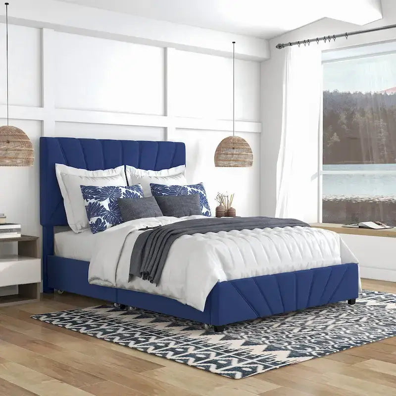 Cama de almacenamiento tapizada estilo art déco con 4 cajones y cabecero capitoné