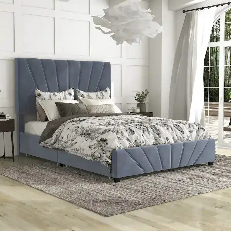 Cama de almacenamiento tapizada estilo art déco con 4 cajones y cabecero capitoné
