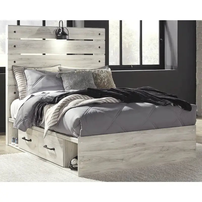 Whitewash Panel Bed with 2 Storage Drawers, Lights and USB Ports