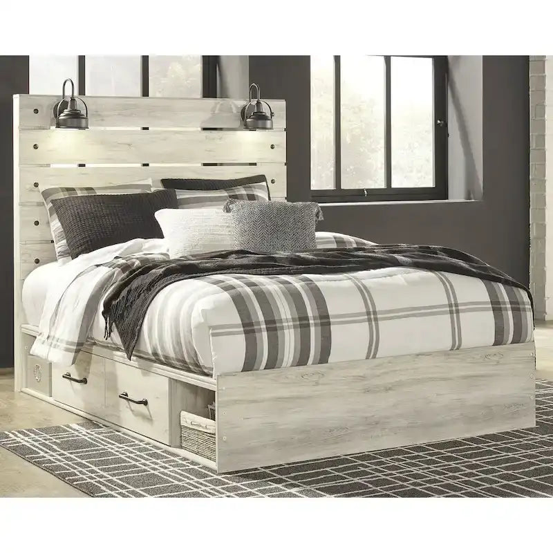 Whitewash Panel Bed with 2 Storage Drawers, Lights and USB Ports