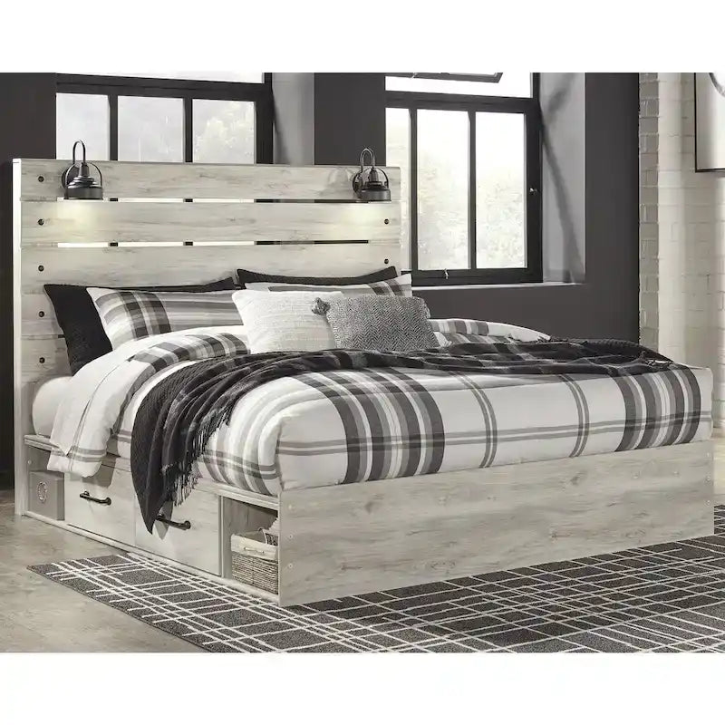 Cama de panel con acabado encalado, 2 cajones de almacenamiento, luces y puertos USB