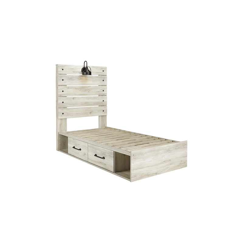 Whitewash Panel Bed with 2 Storage Drawers, Lights and USB Ports
