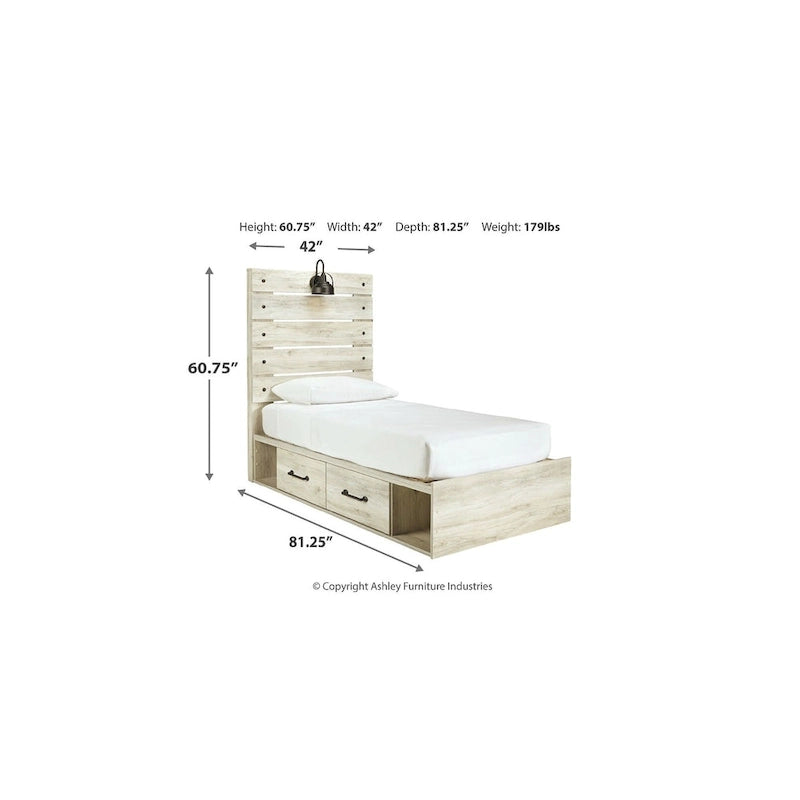 Whitewash Panel Bed with 2 Storage Drawers, Lights and USB Ports