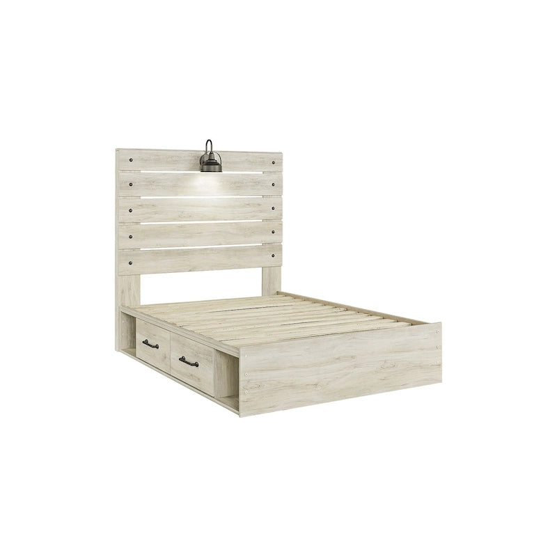 Whitewash Panel Bed with 2 Storage Drawers, Lights and USB Ports