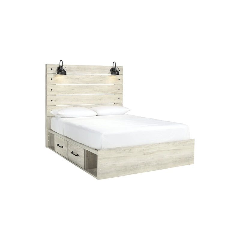 Whitewash Panel Bed with 2 Storage Drawers, Lights and USB Ports