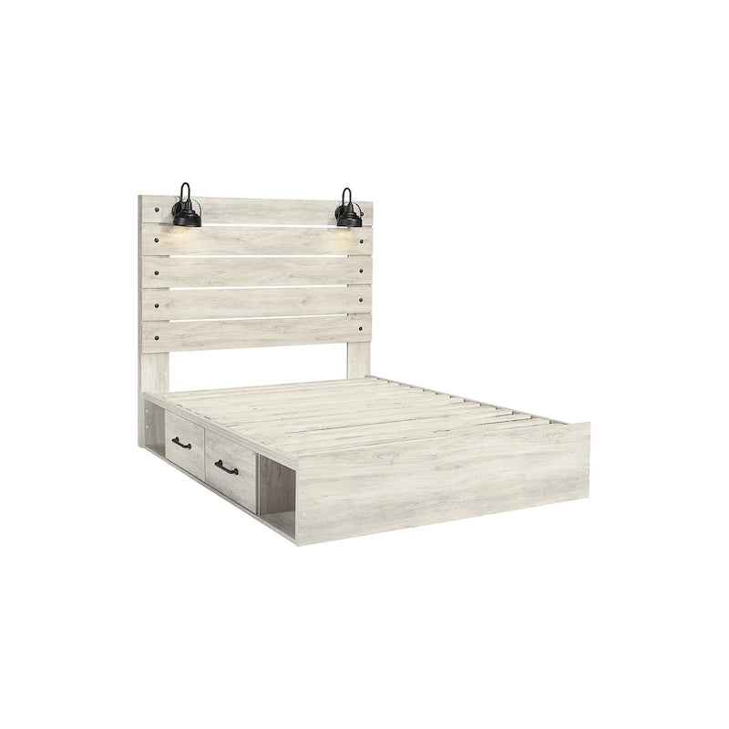 Whitewash Panel Bed with 2 Storage Drawers, Lights and USB Ports