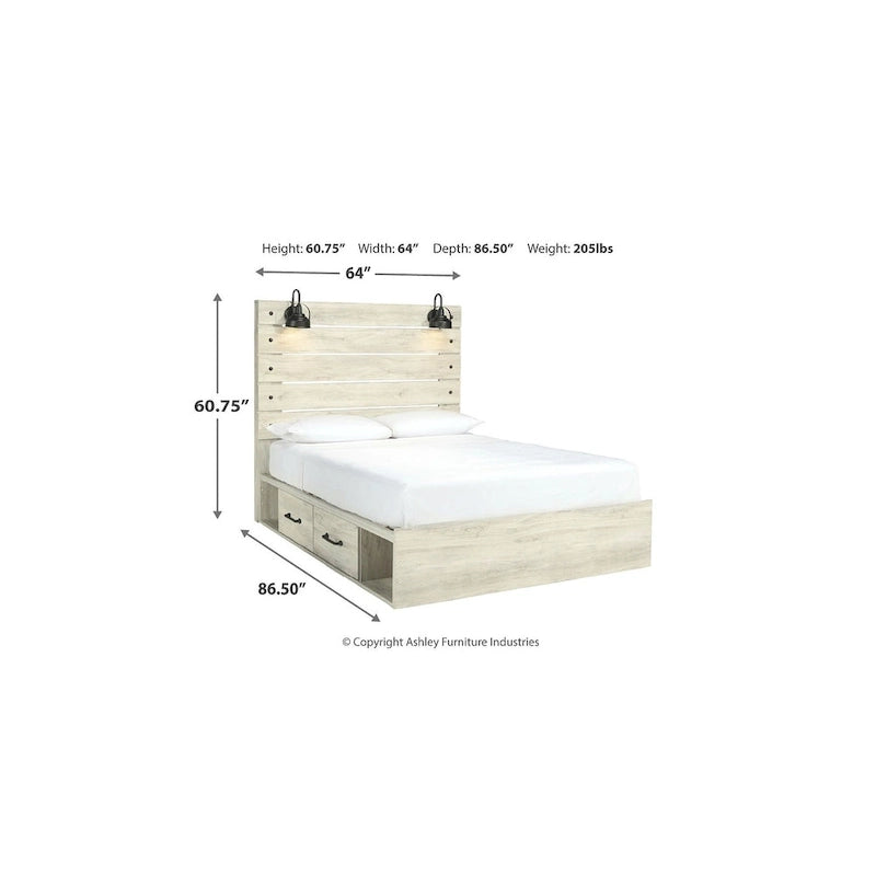 Whitewash Panel Bed with 2 Storage Drawers, Lights and USB Ports