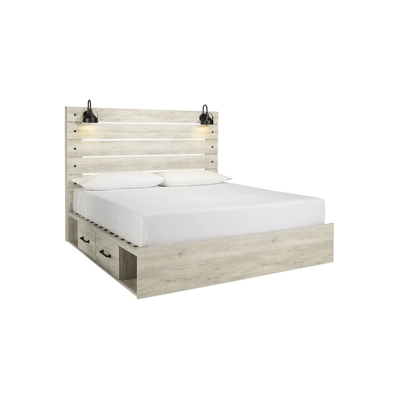 Whitewash Panel Bed with 2 Storage Drawers, Lights and USB Ports