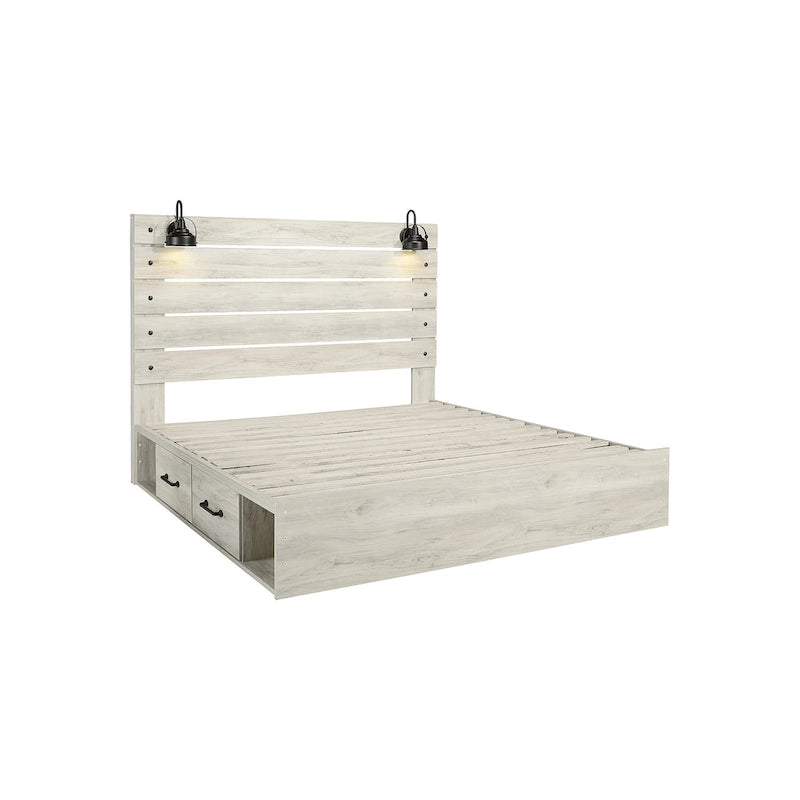 Whitewash Panel Bed with 2 Storage Drawers, Lights and USB Ports