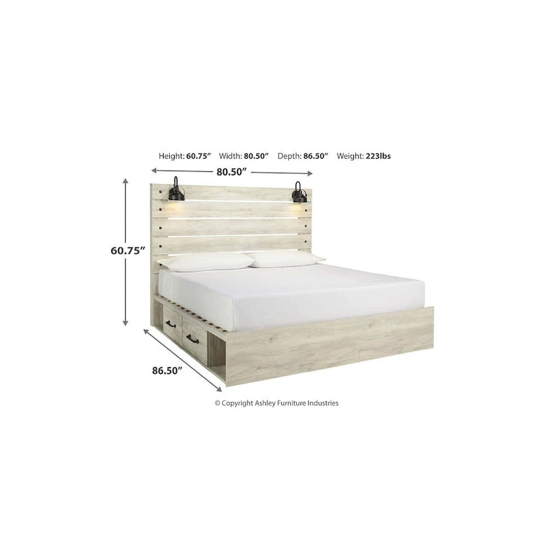 Whitewash Panel Bed with 2 Storage Drawers, Lights and USB Ports