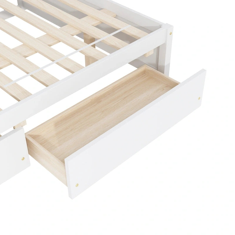 Cama de plataforma Full de pino macizo con cama nido Twin y dos cajones