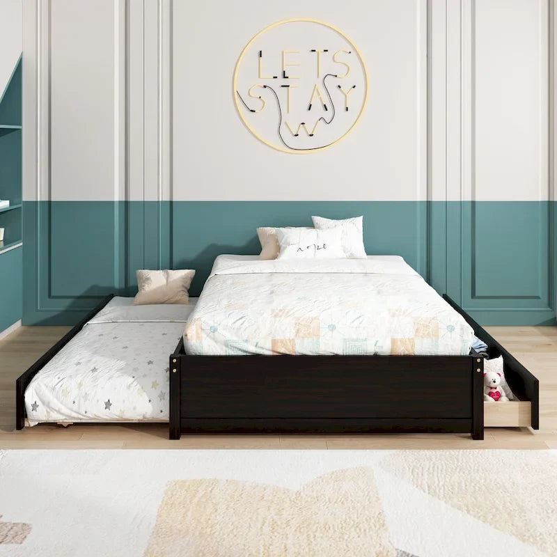 Full Solid Pine Platform Bed with Twin Trundle and Two Drawers