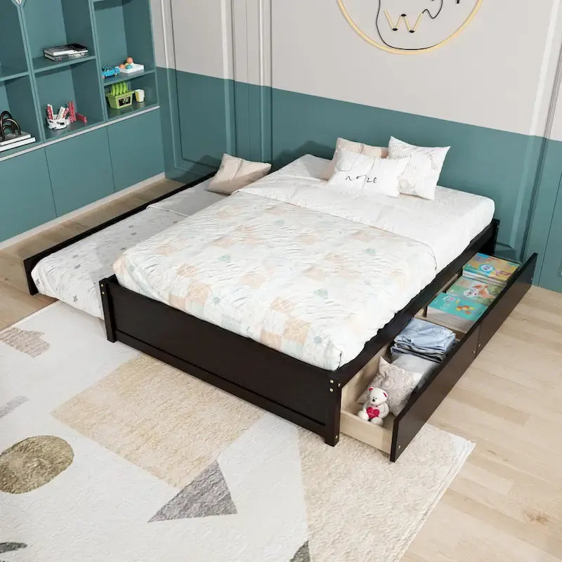 Full Solid Pine Platform Bed with Twin Trundle and Two Drawers