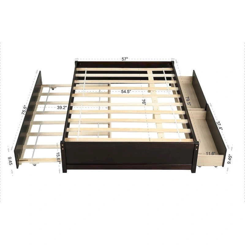 Full Solid Pine Platform Bed with Twin Trundle and Two Drawers