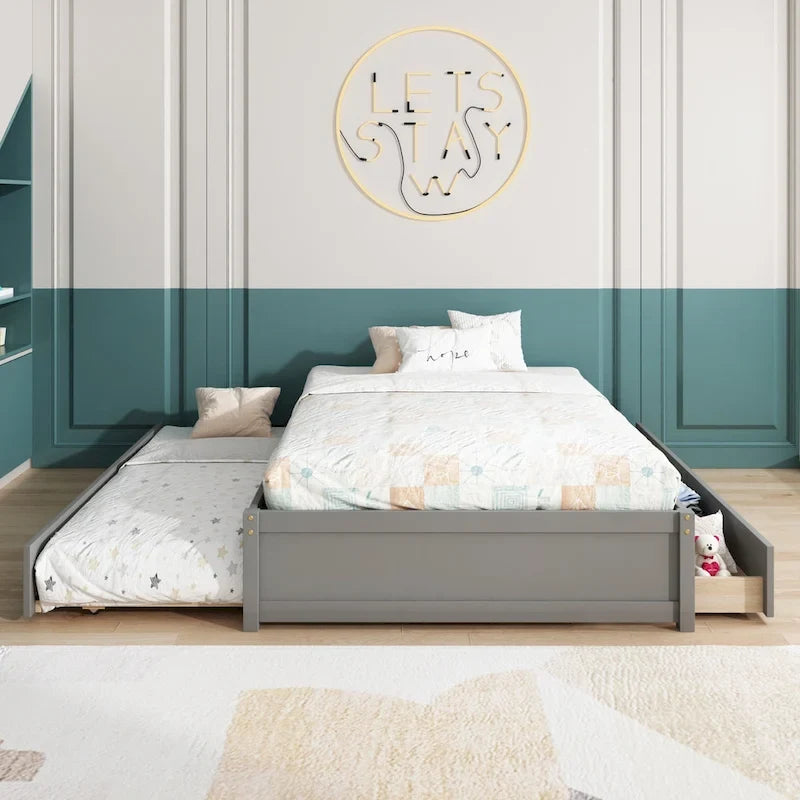 Full Solid Pine Platform Bed with Twin Trundle and Two Drawers