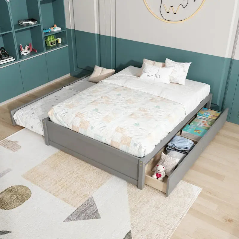 Full Solid Pine Platform Bed with Twin Trundle and Two Drawers