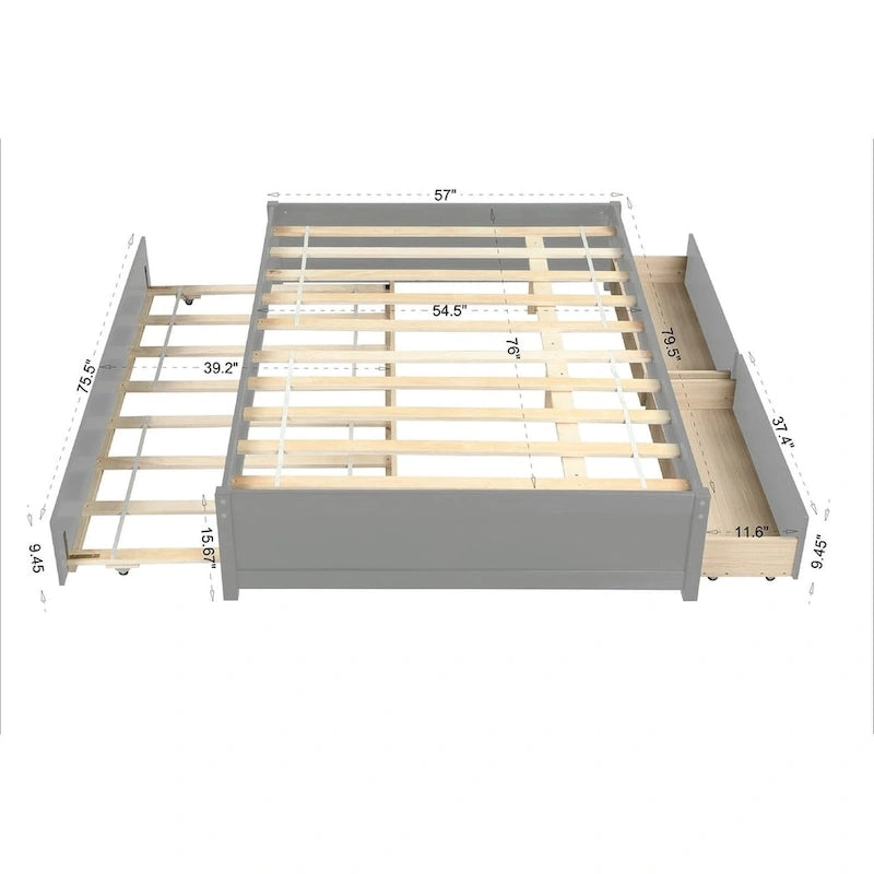Full Solid Pine Platform Bed with Twin Trundle and Two Drawers
