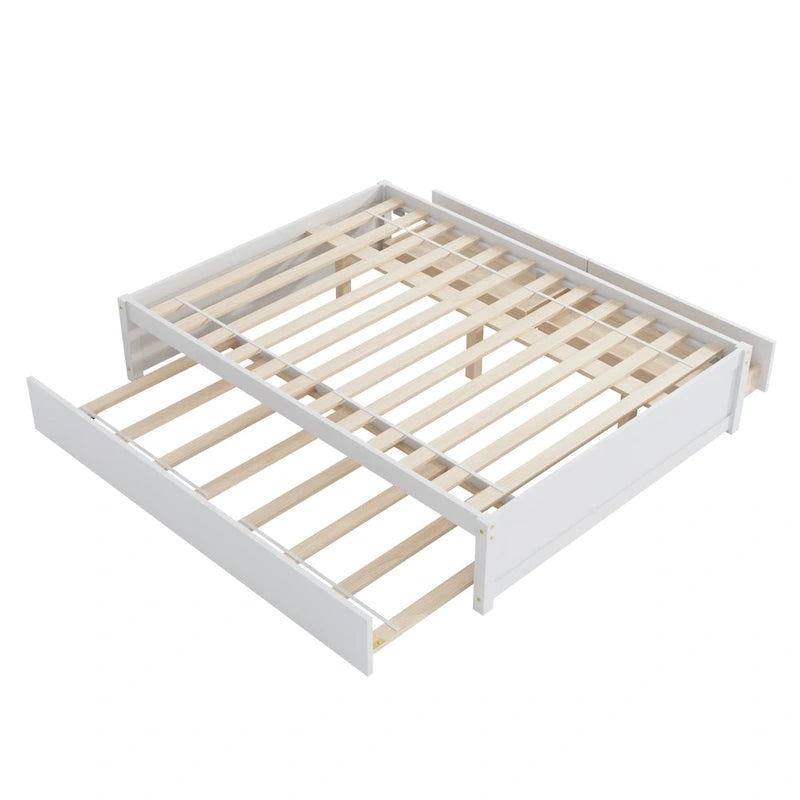 Full Solid Pine Platform Bed with Twin Trundle and Two Drawers