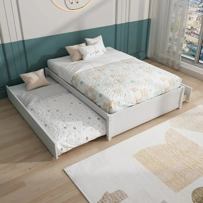 Full Solid Pine Platform Bed with Twin Trundle and Two Drawers