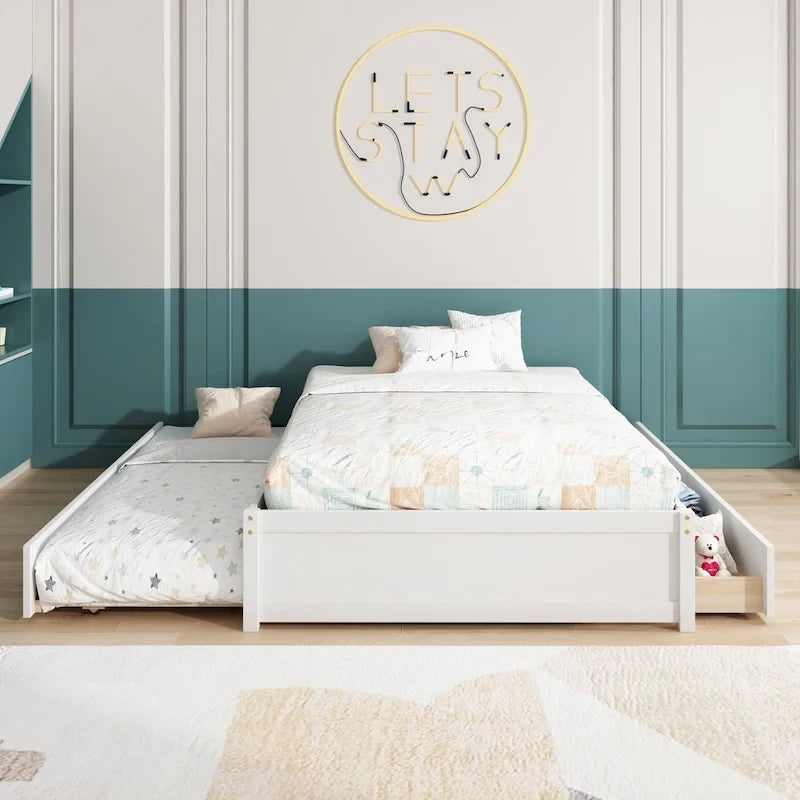Full Solid Pine Platform Bed with Twin Trundle and Two Drawers
