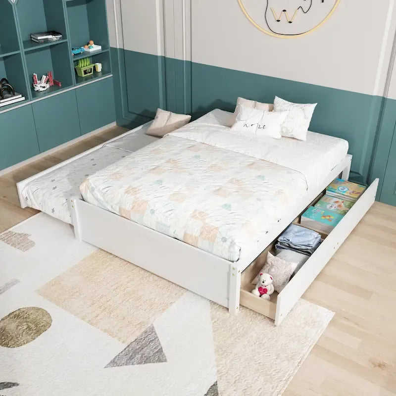 Full Solid Pine Platform Bed with Twin Trundle and Two Drawers