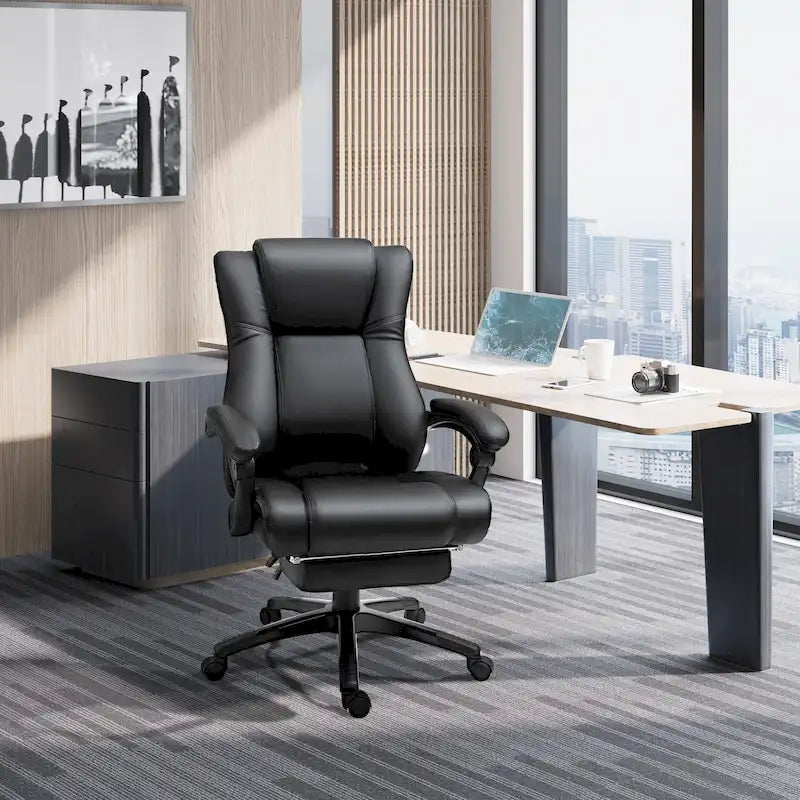 Black High-Back Reclining Office Chair with Retractable Footrest