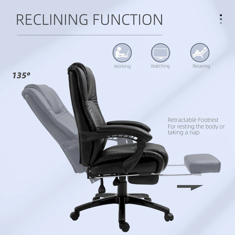 Black High-Back Reclining Office Chair with Retractable Footrest