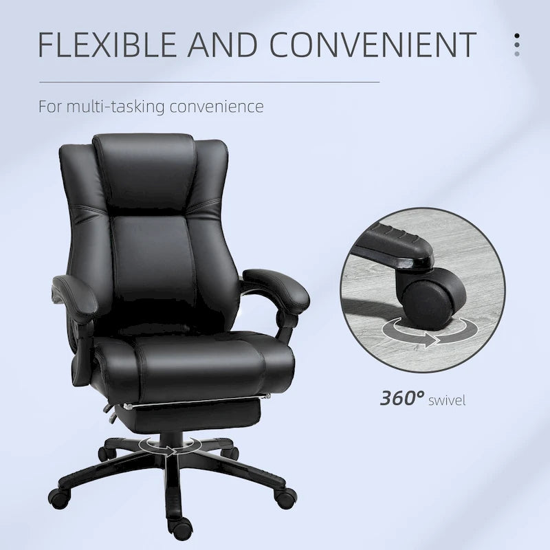 Silla de oficina negra reclinable con respaldo alto y reposapiés retráctil