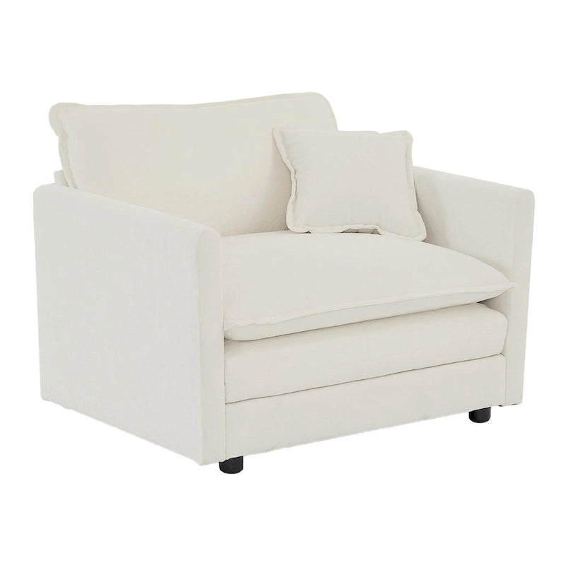 Weißer Chenille-Sessel mit tiefer Sitzfläche und Zierkissen