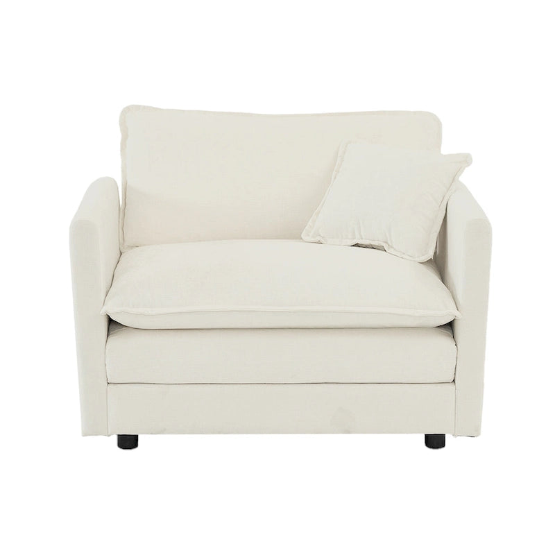 Weißer Chenille-Sessel mit tiefer Sitzfläche und Zierkissen