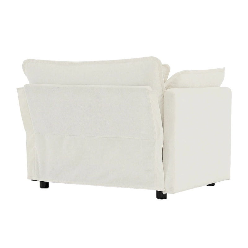 Weißer Chenille-Sessel mit tiefer Sitzfläche und Zierkissen