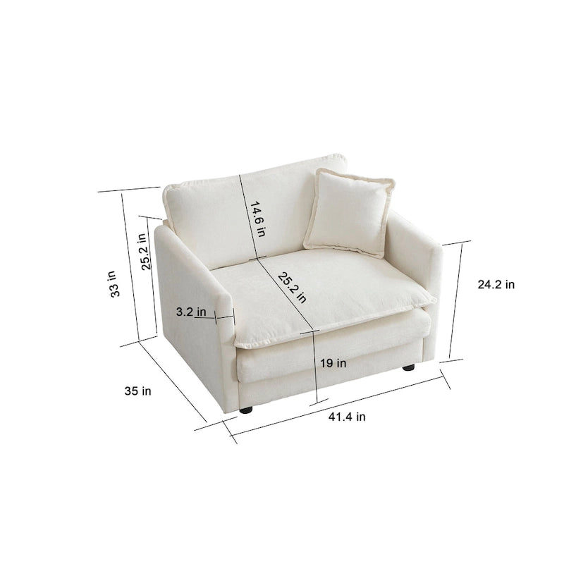Weißer Chenille-Sessel mit tiefer Sitzfläche und Zierkissen