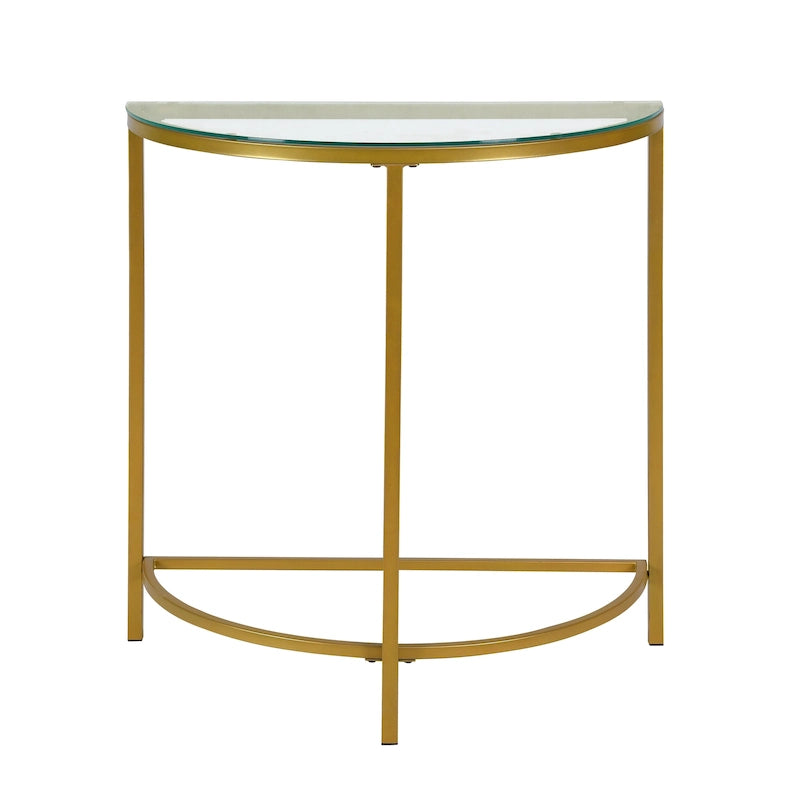Mesa consola dorada semicircular con superficie de vidrio templado