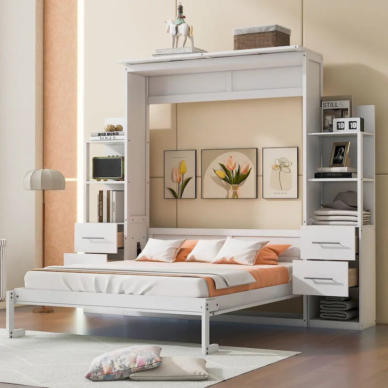 Cama abatible de pared con estantes, cuatro cajones y luces LED