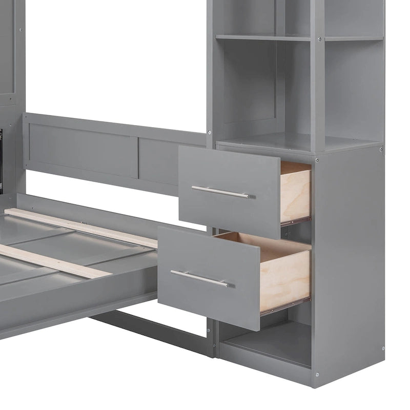 Cama abatible de pared con estantes, cuatro cajones y luces LED