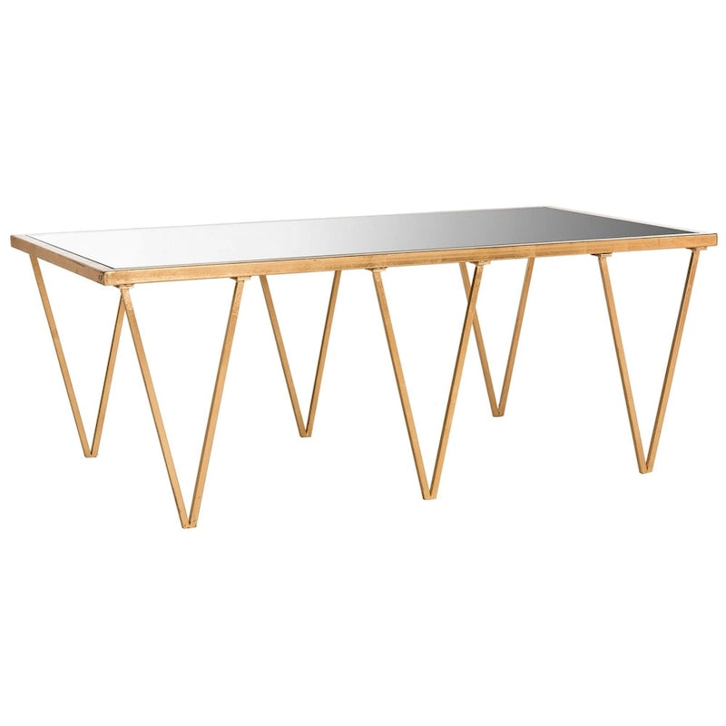 Mesa de centro dorada con acabado de pan de oro y superficie espejada