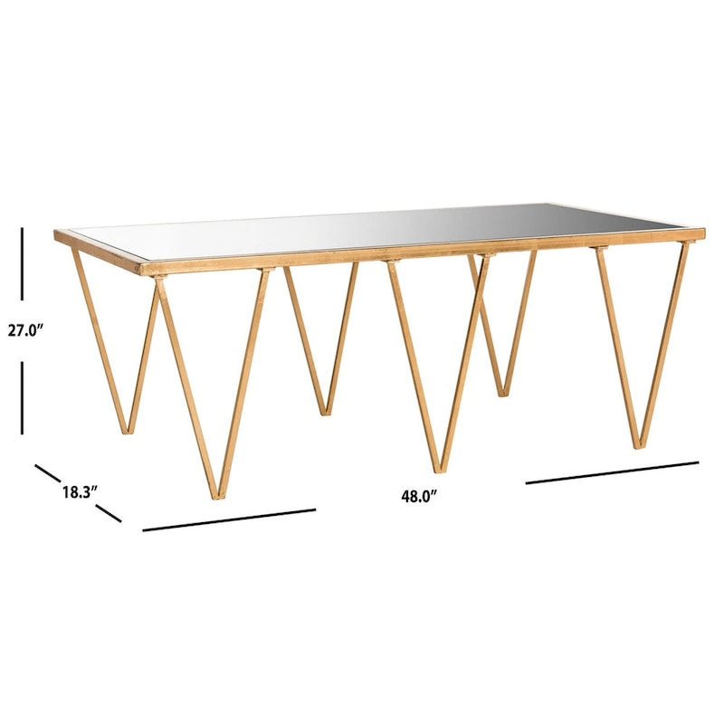 Mesa de centro dorada con acabado de pan de oro y superficie espejada